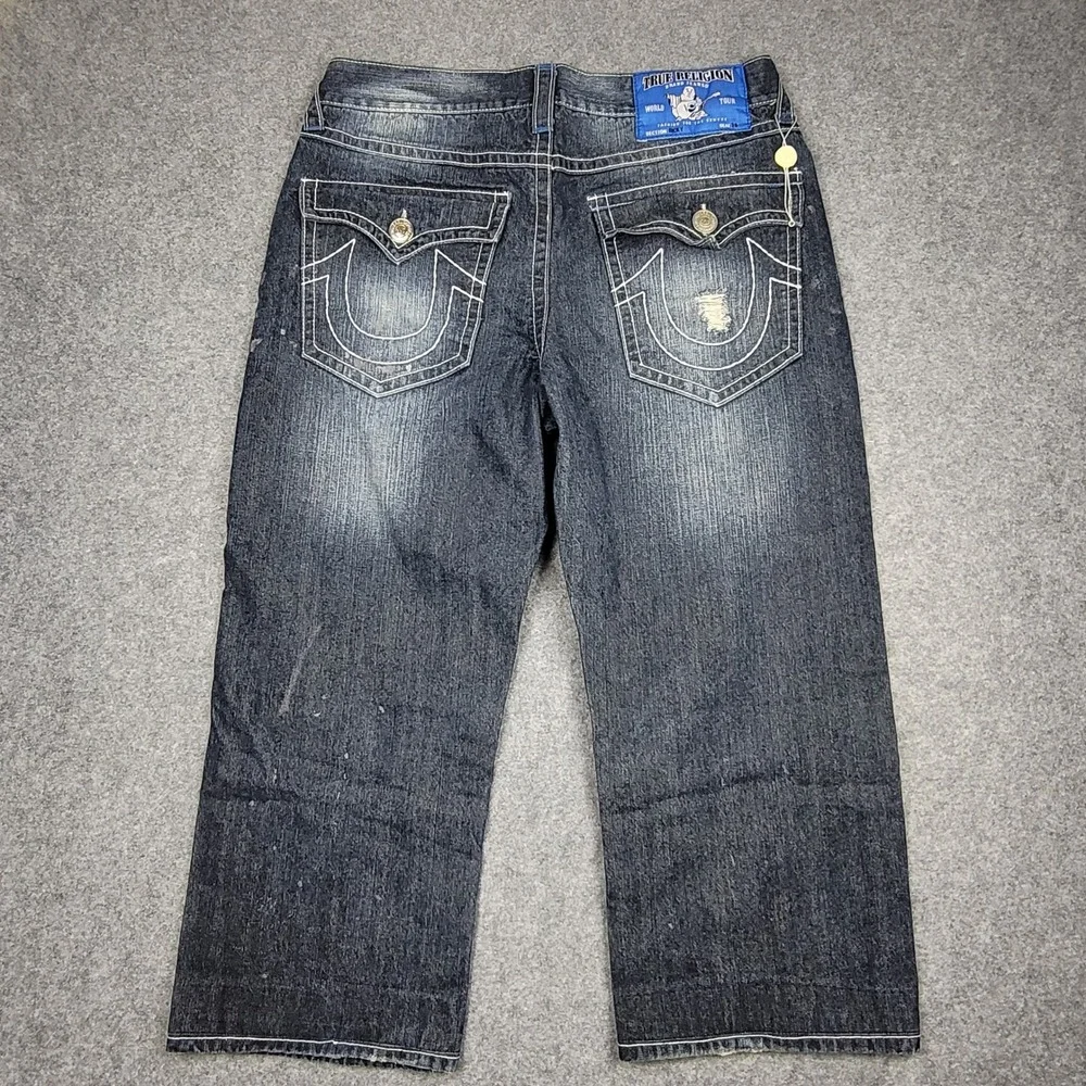 True Religion Ricky Jeans Mens 38x24 Blue Paint Splatter Contrast Stitch USA